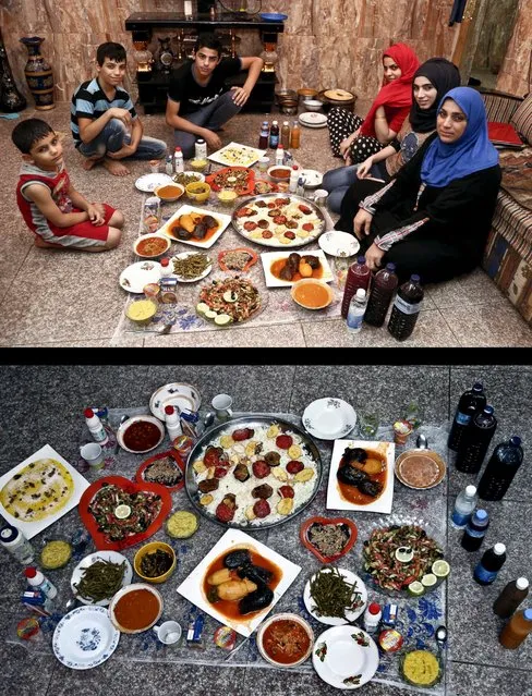 This combination of two photos taken on July 6, 2014, shows an Iraqi family waiting to break their fast, top, and their meal, bottom, during the holy month of Ramadan in Baghdad, Iraq. (Photo by Karim Kadim/AP Photo)