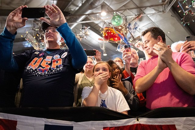 Supporters cheer as US Vice President and Democratic presidential candidate Kamala Harris arrives to speak to volunteers at a canvass kickoff event during a campaign stop at Montage Mountain Resorts in Scranton, Pennsylvania on November 4, 2024. Bitter rivals Kamala Harris and Donald Trump embark on a final frenzied campaign blitz Monday with both hitting must-win Pennsylvania on the last day of the tightest and most volatile US presidential election in memory. (Photo by Ryan Collerd/AFP Photo)