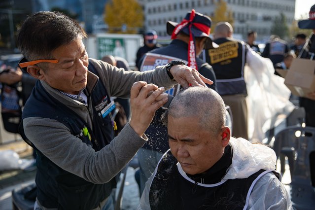 Members of the Cargo Truckers Solidarity Division of the Korean Public Service and Transport Workers' Union under the Korean Confederation of Trade Unions (KCTU) shave their heads in protest, demanding legislation for the Safe Freight Rates System, in front of the National Assembly in Yeouido, in Seoul, South Korea, on November 11, 2024. (Photo by Chris Jung/NurPhoto/Rex Features/Shutterstock)