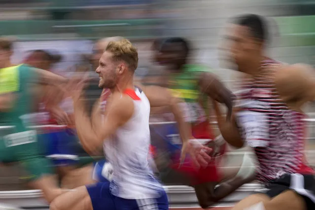 Kevin Mayer, of France, competes during a heat in the decathlon 100-meter run at the World Athletics Championships on Saturday, July 23, 2022, in Eugene, Ore. (Photo by David J. Phillip/AP Photo)
