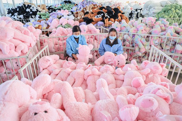 Employees work on a production line of stuffed teddy bears for export at a toy factory in Lianyungang, in eastern China's Jiangsu province on November 22, 2024. (Photo by AFP Photo/China Stringer Network)
