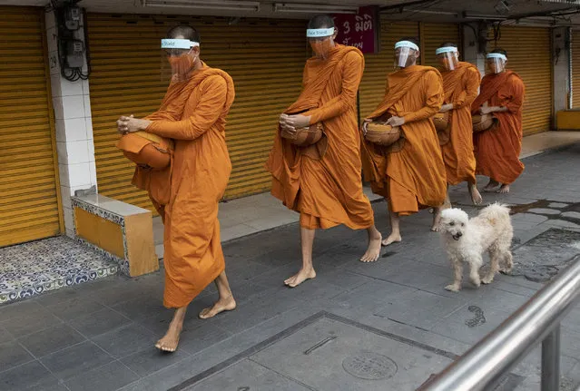 Thai Buddhist monks wear face shields to protect themselves from new coronavirus as they walk to collect alms from devotees in Bangkok, Thailand, Tuesday, March 31, 2020. (Photo by Sakchai Lalit/AP Photo)