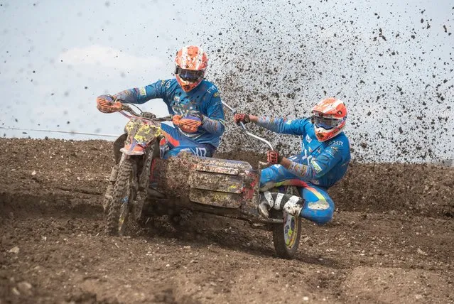 Gary Moulds & Lewis Gray, WSP AMS 665 in action during Round Six of the ACU British Sidecar Cross Championship at Cusses Gorse on 14th August 2022 ACU British Sidecar Cross Championship Round Six, Motorcycling, Cusses Gorse MX, Wiltshire, UK. (Photo by Ray Lawrence/TGS Photo/Rex Features/Shutterstock)