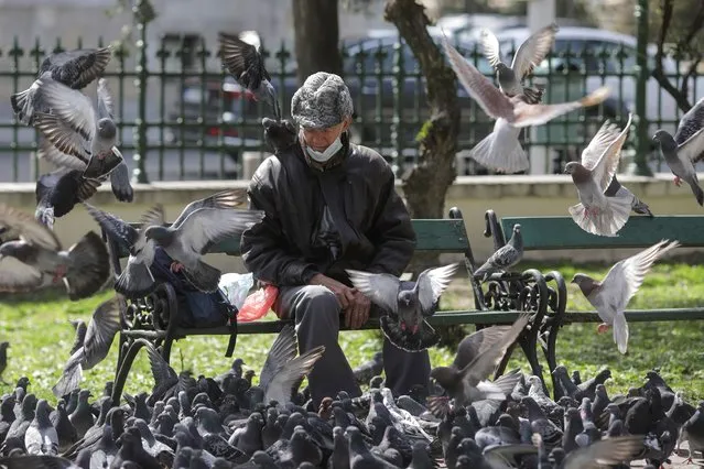 A man rests on  bench after feeding pigeons in Bucharest, Romania, March 27, 2020. (Photo by Octav Ganea/Inquam Photos via Ruuters)