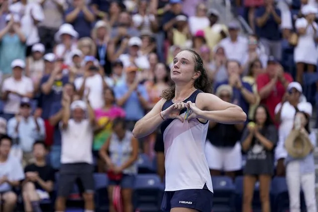 Daria Snigur, of Ukraine, reacts after upsetting Simona Halep, of Romania, during the first round of the US Open tennis championships, Monday, August 29, 2022, in New York. (Photo by Seth Wenig/AP Photo)