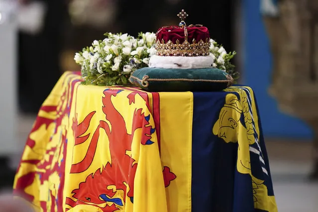 The Crown of Scotland sits atop the coffin of Queen Elizabeth II during a Service of Prayer and Reflection for her life at St Giles' Cathedral, Edinburgh, Monday, September 12, 2022. (Photo by Jane Barlow/PA Wire via AP Photo)