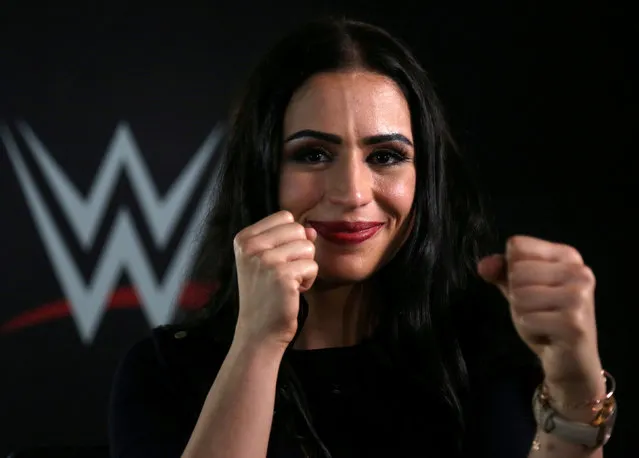 Shadia Bseiso, who was signed by World Wrestling Entertainment Inc. as its first female performer from the Arab world, gestures during an interview with Reuters in Dubai, UAE October 15, 2017. (Photo by Satish Kumar/Reuters)