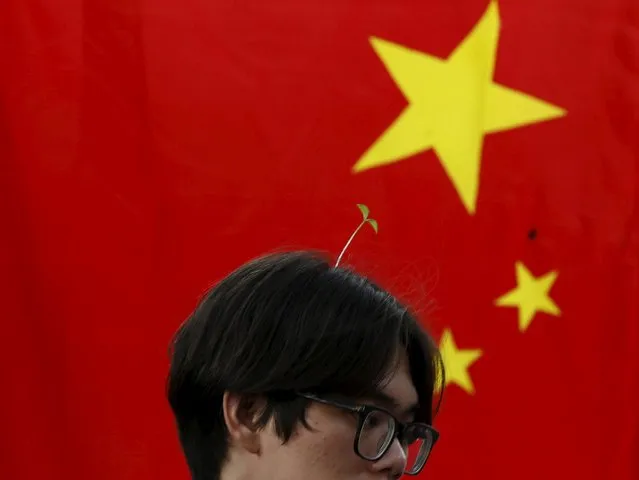 A man wearing a sprout-like hairpin walks past China's national flag on Nanluoguxiang street in Beijing, China, September 16, 2015. (Photo by Kim Kyung-Hoon/Reuters)