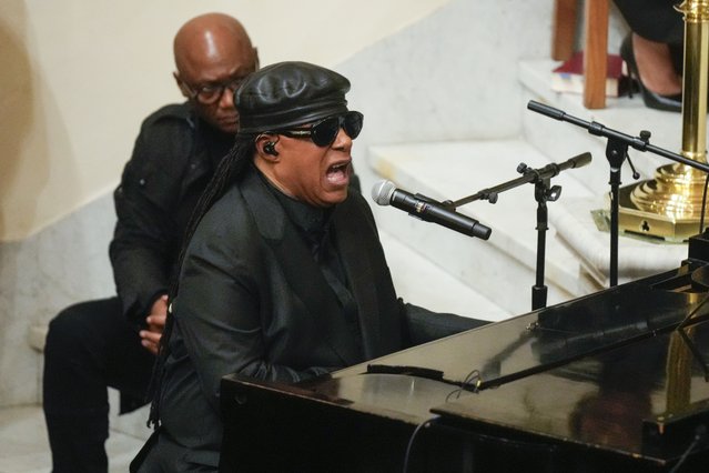 Stevie Wonder performs during a ceremony in celebration of Roberta Flack's life at The Abyssinian Baptist Church on Monday, March 10, 2025, in New York. (Photo by Richard Drew/AP Photo)