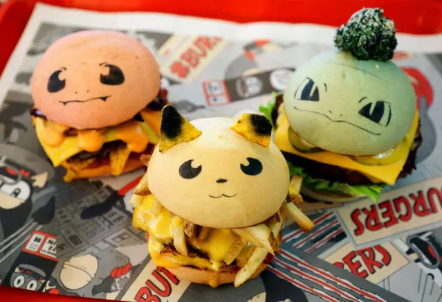 Pokeburgs, hamburgers in the form of Pokemon characters, are seen at Down N' Out Burger restaurant in Sydney, Australia, August 26, 2016. The restaurant sells a limited number of Pokeburgs per day, with the names (L-R) Chugmander, Peakachu and Bulboozaur, capitalizing on fans' appetite for Pokemon Go, the location-based augmented reality game. (Photo by Jason Reed/Reuters)