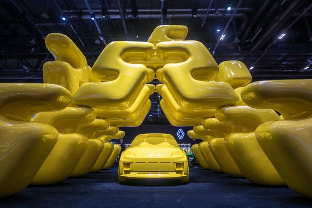 A mockup of the new Renault R5 E-Tech electric model car is seen at the French carmaker on February 26, 2024 during a press day ahead of the Geneva International Motor Show in Geneva. (Photo by Fabrice Coffrini/AFP Photo)