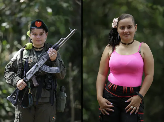 This August 13, 2016 photo shows two portraits of Diana Marcela, one of her holding a weapon while in uniform for the Revolutionary Armed Forces of Colombia (FARC) 48th front, and in civilian clothing at a guerrilla camp in the southern jungle of Putumayo, Colombia. Marcela, 28, said she's spent 13 years in the FARC and would like to finish high school and study photography after demobilizing as part of a peace deal with Colombia's government. (Photo by Fernando Vergara/AP Photo)