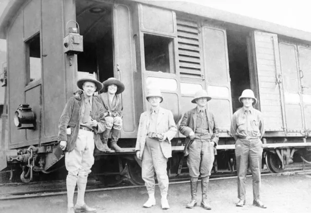 George Eastman's party on the way to Kidong Valley in Africa. Left to right: Mr. & Mrs. Martin Johnson, George Eastman, Daniel B. Pomeroy & Dr. Audley D. Stewart, Mr. Eastman's private physician and long-time friend poses here on December 21, 1926. (Photo by AP Photo)