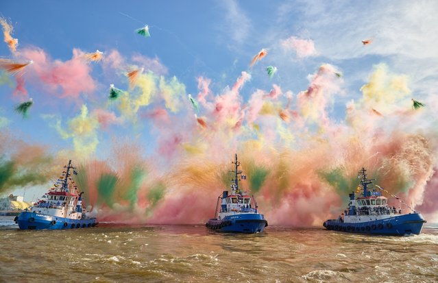 The tugboat ballet in the port of Hamburg on May 9, 2024 formed part of the celebrations of the 835th anniversary of the port’s establishment. The people of Hamburg regard May 7, 1189 as the birthday of their port – back then, citizens were granted duty-free travel for their ships on the Elbe from the city to the North Sea. (Photo by Georg Wendt/Avalon)