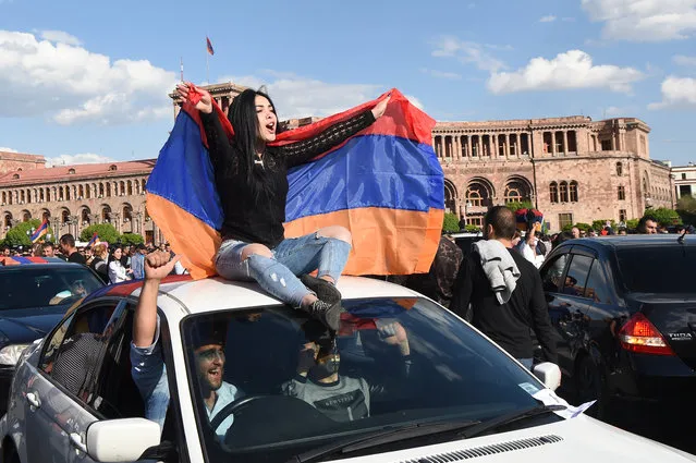 People celebrate Armenian Prime Minister Serzh Sargsyan's resignation in the center of Yerevan, Armenia, 23 April 2018. Armenian Prime Minister and former President Serzh Sargsyan announced his resignation in response to round-the-clock mass protests against Serzh Sargsyan's appointment as a prime minister after serving two terms as the President. (Photo by Hayk Baghdasaryan/EPA/EFE)