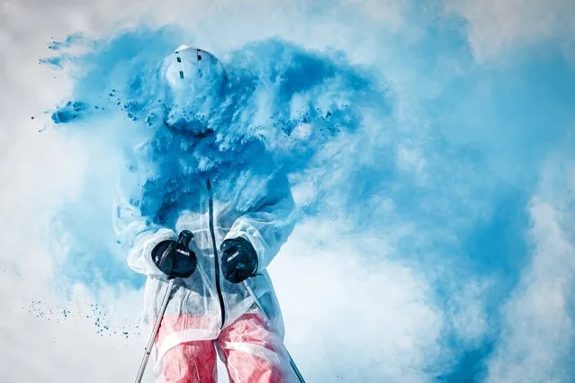 Skiers take part in the Skicolor event where they are sprayed with biodegradable color powders as part of carnival celebrations in the alpine resort of La Tzoumaz, Switzerland on February 23, 2020. (Photo by Valentin Flauraud/EPA/EFE/Rex Features/Shutterstock)