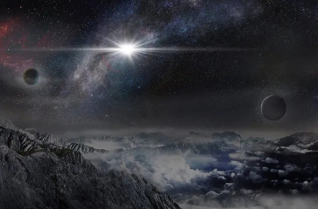 This image provided by The Kavli Foundation on Thursday, January 14, 2016 shows an artist's impression of the superluminous supernova ASASSN-15lh as it would appear from an exoplanet located about 10,000 light-years away in the host galaxy of the supernova. On Thursday, astronomers announced the discovery of the brightest star explosion ever - easily outshining the entire Milky Way galaxy. (Photo by Jin Ma/Beijing Planetarium/The Kavli Foundation via AP Photo)
