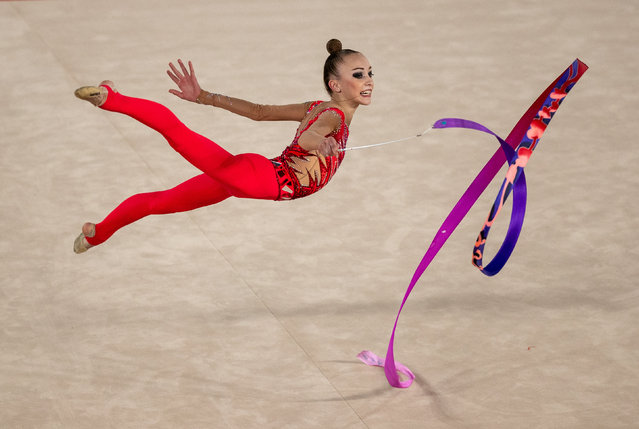 Khrystyna Pohranychna UKR competes in the Ribbon routine during the Gymnastics Rhythmic Womens Rhythmic Individual All-Around in the America Pavilion, Youth Olympic Park during The Youth Olympic Games, Buenos Aires, Argentina, Tuesday 16th October 2018. (Photo by Jed Leicester for OIS/IOC/Handout via Reuters)