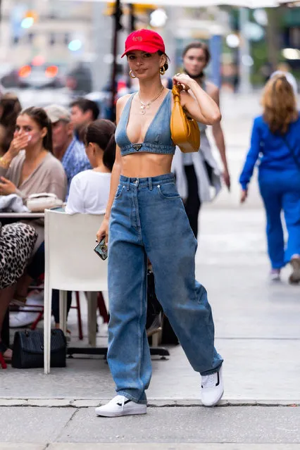 American model Emily Ratajkowski sports double denim while stepping out in New York City on June 2, 2021. The 28 year old model wore a red baseball cap, denim top, baggy jeans, and white trainer. (Photo by TheImageDirect)