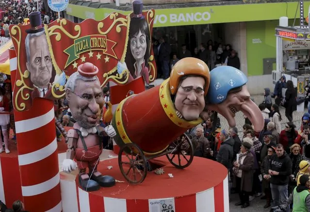 A float depicting Portuguese Prime Minister Antonio Costa (2nd L) with formers Prime Minister Pedro Passos Coelho (C) and Deputy Prime Minister Paulo Portas is seen during the carnival parade in Torres Vedras, Portugal, February 7, 2016. (Photo by Hugo Correia/Reuters)