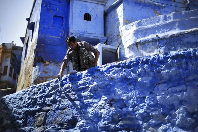 A worker paints a wall outside a house at Jodhpur in Rajasthan, April 8, 2015. (Photo by Adnan Abidi/Reuters)