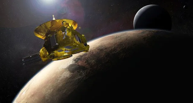 An artist's impression of NASA's New Horizons spacecraft encountering Pluto and its largest moon, Charon, is seen in this NASA image from July 2015. The first spacecraft to visit distant Pluto, a dwarf planet in the solar system's frozen backyard, is still three months away from a close encounter, but already in viewing range, newly released photos show. (Photo by Reuters/NASA/Applied Physics Laboratory/Southwest Research Institute)