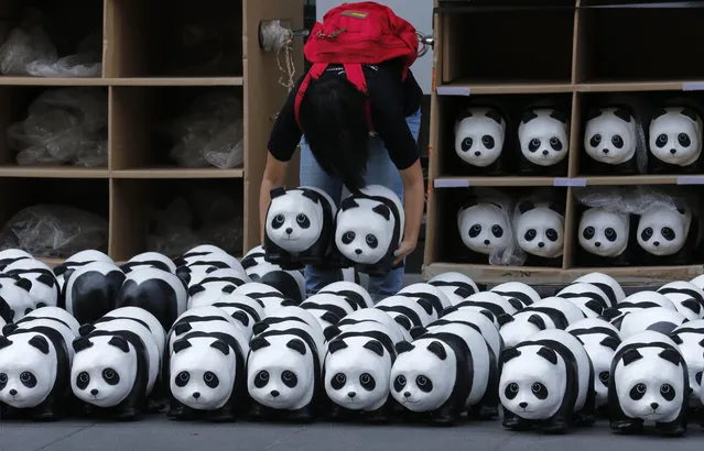 A volunteer arranges panda sculptures ahead of an exhibition by French artist Paulo Grangeon outside a shopping mall in Bangkok, Thailand, March 7, 2016. (Photo by Chaiwat Subprasom/Reuters)