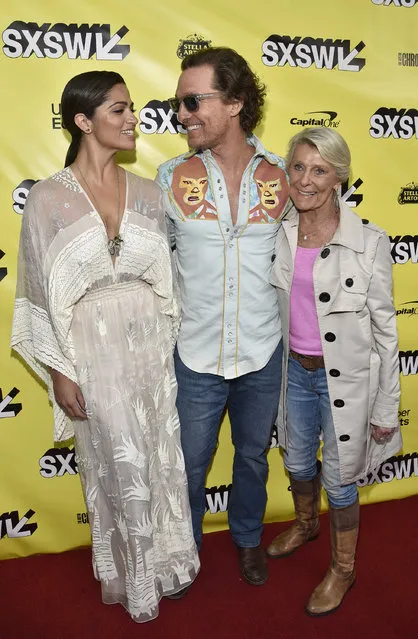 (L-R) Camila Alves, Matthew McConaughey, and Kay McConaughey attend the premiere of “The Beach Bum” during the 2019 SXSW Conference and Festival at the Paramount Theatre on March 09, 2019 in Austin, Texas. (Photo by Tim Mosenfelder/Getty Images)