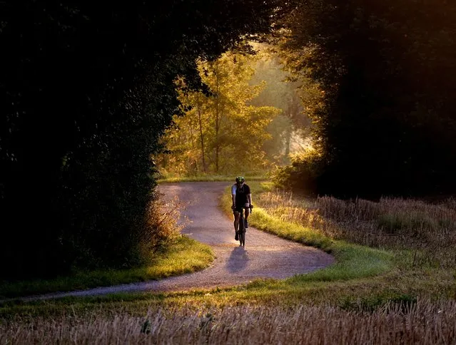A man rides his bike on a small road in the outskirts of Frankfurt, Germany, early Thursday, August 12, 2021. (Photo by Michael Probst/AP Photo)
