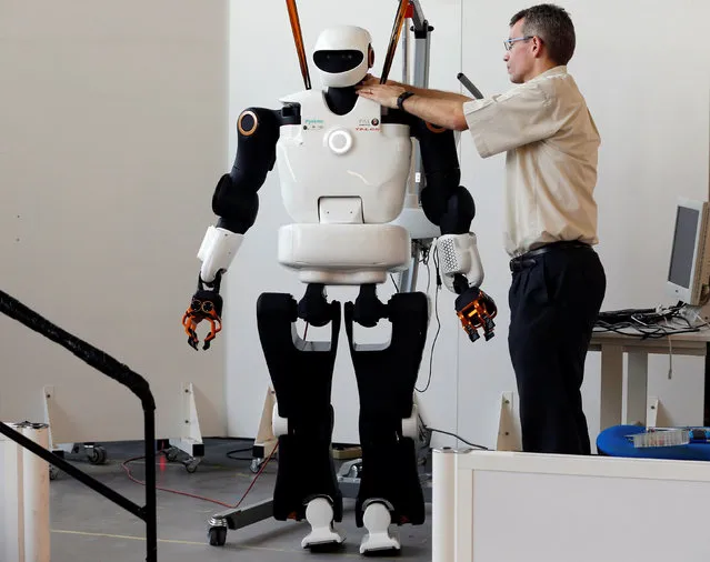 Olivier Stasse, Head of Research at CNRS, tests Pyrene, a humanoid robot handyman, developped by the French lab Laas (Laboratory for Analysis and Architecture of Systems) of the CNRS in Toulouse, France, February 21, 2017. (Photo by Regis Duvignau/Reuters)