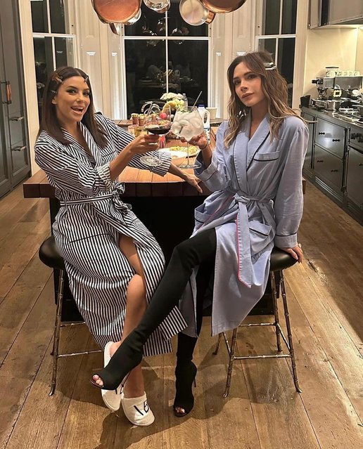 American actress Eva Longoria (L) and English fashion designer, singer, and television personality Victoria Beckham in the second decade of April 2024 enjoy a couple of drinks before they get their glam done. (Photo by evalogoria/Instagram)