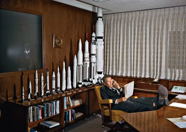 Dr Wernher von Braun, the chief architect of the Apollo mission’s Saturn V rocket, pictured in 1964 at the George C Marshall Space Flight Centre in Huntsville, Alabama. Before becoming director of the centre, Von Braun was director of the development operation division of the Army Ballistic Missile Agency where he and his team were tapped to build the rocket that would beat the Russians to the moon. (Photo by Hulton Archive/Getty Images/Taschen)