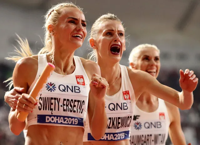 Silver medalists from Poland react after the the women's 4x400 meter relay final at the World Athletics Championships in Doha, Qatar, Sunday, October 6, 2019. (Photo by Lucy Nicholson/Reuters)