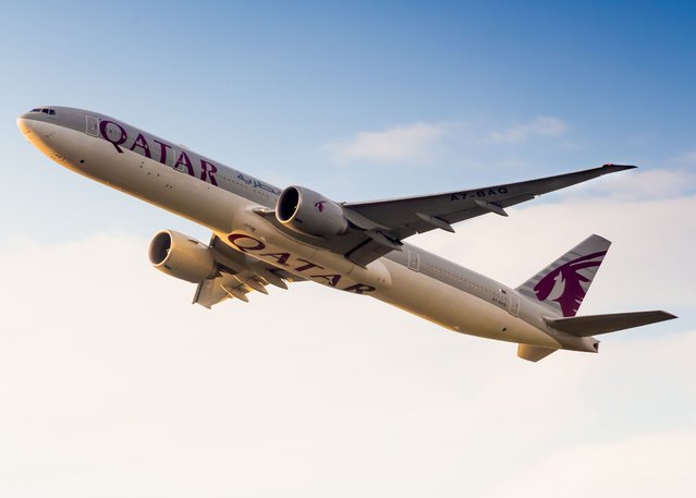 Qatar Airlines B777-300ER seconds after takeoff from Soekarno Hatta International Airport in Indonesia on July 22, 2024. (Photo by Rizky Aditya Ramadhan/Getty Images)