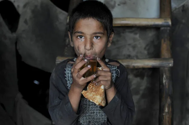 An Afghan boy have a meal at a workshop on the International Children's Day, in Jalalabad, Afghanistan on June 1, 2016.International Children's Day is observed 01 June worldwide. (Photo by Ghulamullah Habibi/EPA)