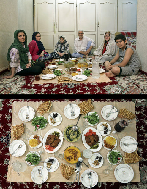 This combination of two photos taken on Thursday, July 3, 2014, shows an Iranian Muslim family waiting to break their fast, top, and their meal, bottom, during the holy month of Ramadan in Tehran, Iran. After a long day of fasting, the moment of pay-off finally comes in the form of “iftar”, the evening meal that breaks the fast. (Photo by Vahid Salemi/AP Photo)