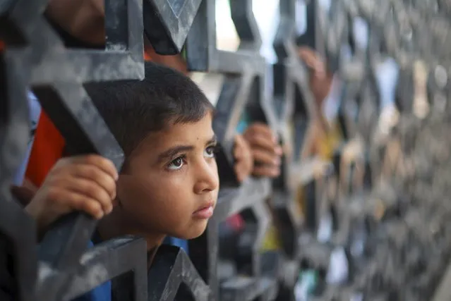 A Palestinian boy takes part in a protest against abducted Palestinians in Sinai, at the gate of Rafah crossing between Egypt and southern Gaza Strip August 20, 2015. Four Palestinians were abducted in Egypt's Sinai Peninsula on Wednesday after the bus they were on was stopped by unidentified gunmen, a Hamas official and Egyptian security sources said. (Photo by Ibraheem Abu Mustafa/Reuters)