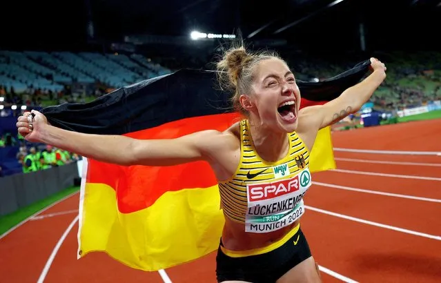 Gold medalist Gina Luckenkemper of Germany celebrates winning the women's 100m final during the European Championships Munich 2022 at Olympic Stadium in Munich, Germany on August 16, 2022. (Photo by Kai Pfaffenbach/Reuters)