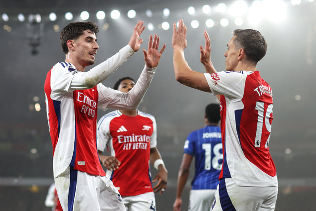 Kai Havertz of Arsenal celebrates scoring the opening goal with Leandro Trossard during the Premier League match between Arsenal FC and Ipswich Town FC at Emirates Stadium on December 27, 2024 in London, England. (Photo by Mark Leech/Offside/Offside via Getty Images)
