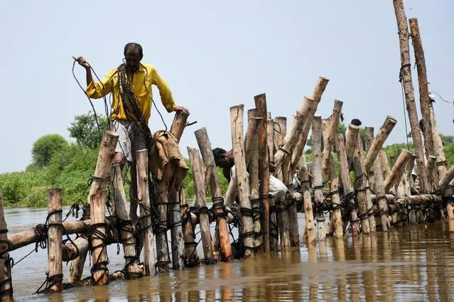 People prepare a barrier with wooden logs and sand bags to stop flood waters, following rains and floods during the monsoon season in Puran Dhoro, Badin, Pakistan, August 30, 2022. (Photo by Yasir Rajput/Reuters)