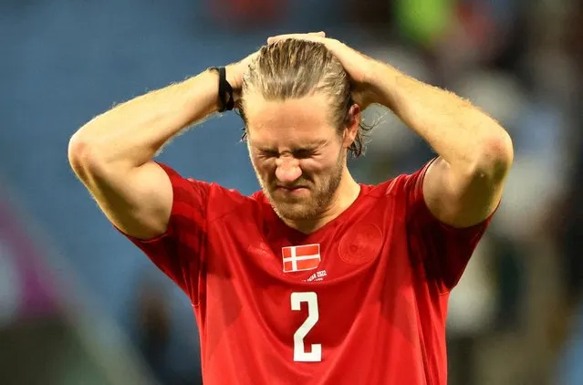 Denmark's defender #02 Joachim Andersen reacts after losing the Qatar 2022 World Cup Group D football match between Australia and Denmark at the Al-Janoub Stadium in Al-Wakrah, south of Doha on November 30, 2022. (Photo by Wolfgang Rattay/Reuters)
