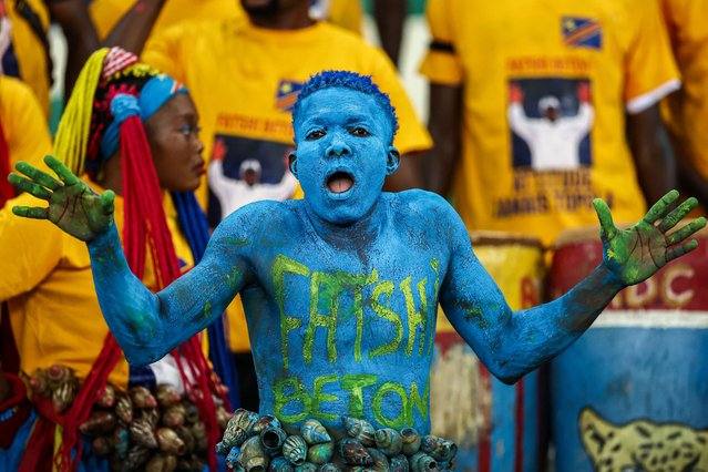 A Democratic Repuplic of Congo's supporter reacts ahead of the Africa Cup of Nations (CAN) 2024 semi-final football match between Ivory Coast and Democratic Repuplic of Congo at Alassane Ouattara Olympic Stadium in Ebimpe, Abidjan on February 7, 2024. (Photo by Franck Fife/AFP Photo)