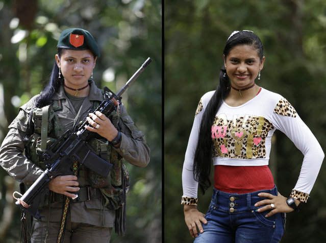 This August 13, 2016 photo shows two portraits of Yiceth, one of her holding a weapon while in uniform for the Revolutionary Armed Forces of Colombia (FARC), and in civilian clothing at a guerrilla camp in the southern jungle of Putumayo, Colombia. Yiceth, 18, said she's spent four years with the FARC and wants to finish high school and go on to study nursing after demobilizing as part of a peace deal with Colombia's government. (Photo by Fernando Vergara/AP Photo)