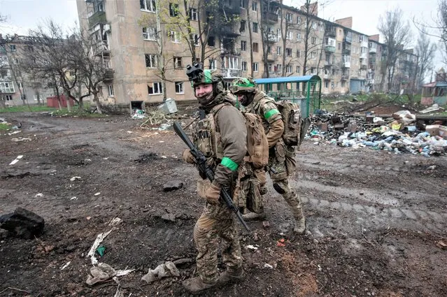 Ukrainian soldiers in war-hit Bakhmut, Donetsk region, Ukraine, Wednesday, April 12, 2023. (Photo by Iryna Rubakova via AP Photo)