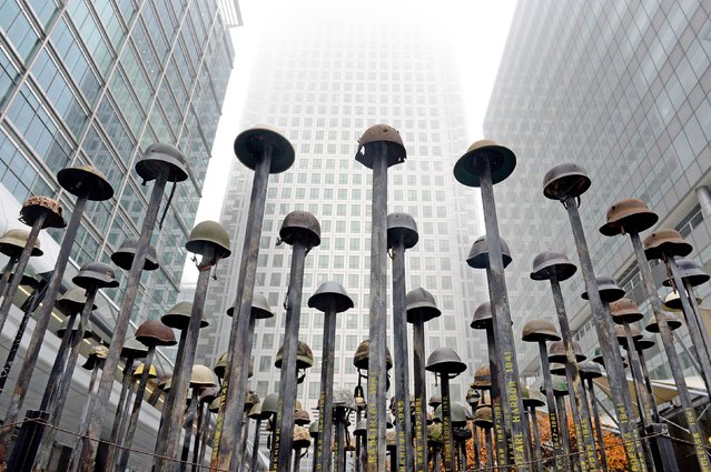 “Lost Soldiers”, an installation by artist Mark Humphrey is photographed, in Canary Wharf, London, Sunday, October 30, 2016. The piece is part of the UKs first Remembrance Art Trail, in association with the Royal British Legion. (Photo by Victoria Jones/PA Wire via AP Photo)