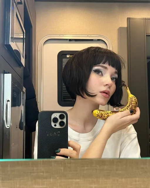 American singer  Dove Cameron talks to her banana phone early May 2023. (Photo by dovecameron/Instagram)