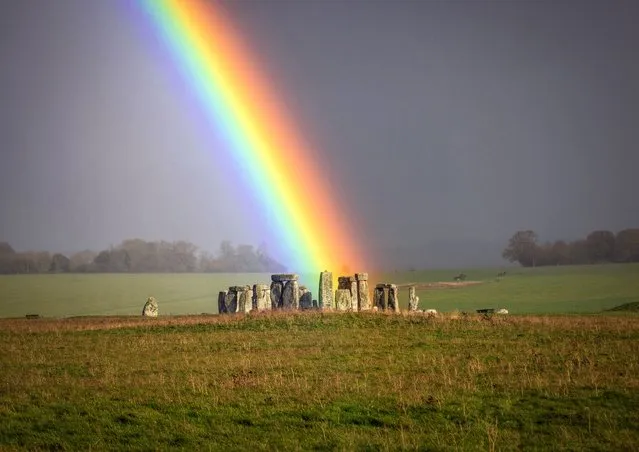 Pictured is a rainbow over Stonehenge in Wiltshire during a day of very mixed weather on Tuesday afternoon, November 8, 2022. (Photo by Nick Bull/pictureexclusive.com)