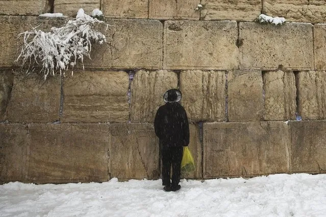 A man prays in the snow at the Western Wall, Judaism's holiest prayer site, in Jerusalem's Old City February 20, 2015. (Photo by Ronen Zvulun/Reuters)