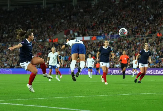 Lucy Bronze of England scores her team's opening goal during the UEFA Womens Nations League match between England and Scotland at Stadium of Light on September 22, 2023 in Sunderland, England. (Photo by Ian MacNicol/Getty Images)
