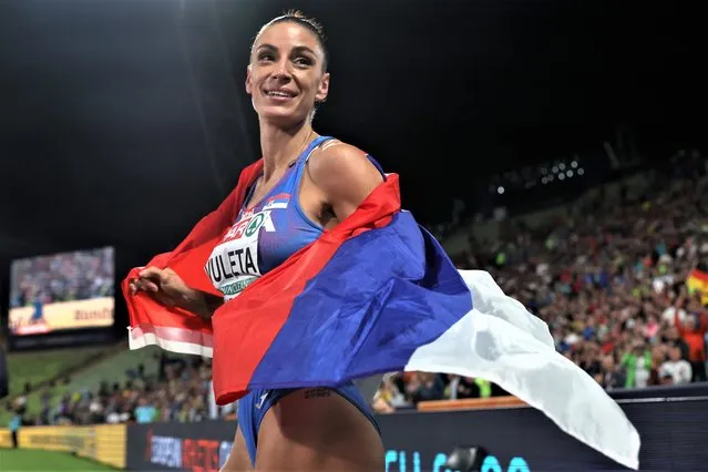 Ivana Vuleta of Serbia celebrates winning gold in the Women's Long Jump Final during the Athletics competition on day 8 of the European Championships Munich 2022 at Olympiapark on August 18, 2022 in Munich, Germany. (Photo by Alexander Hassenstein/Getty Images)